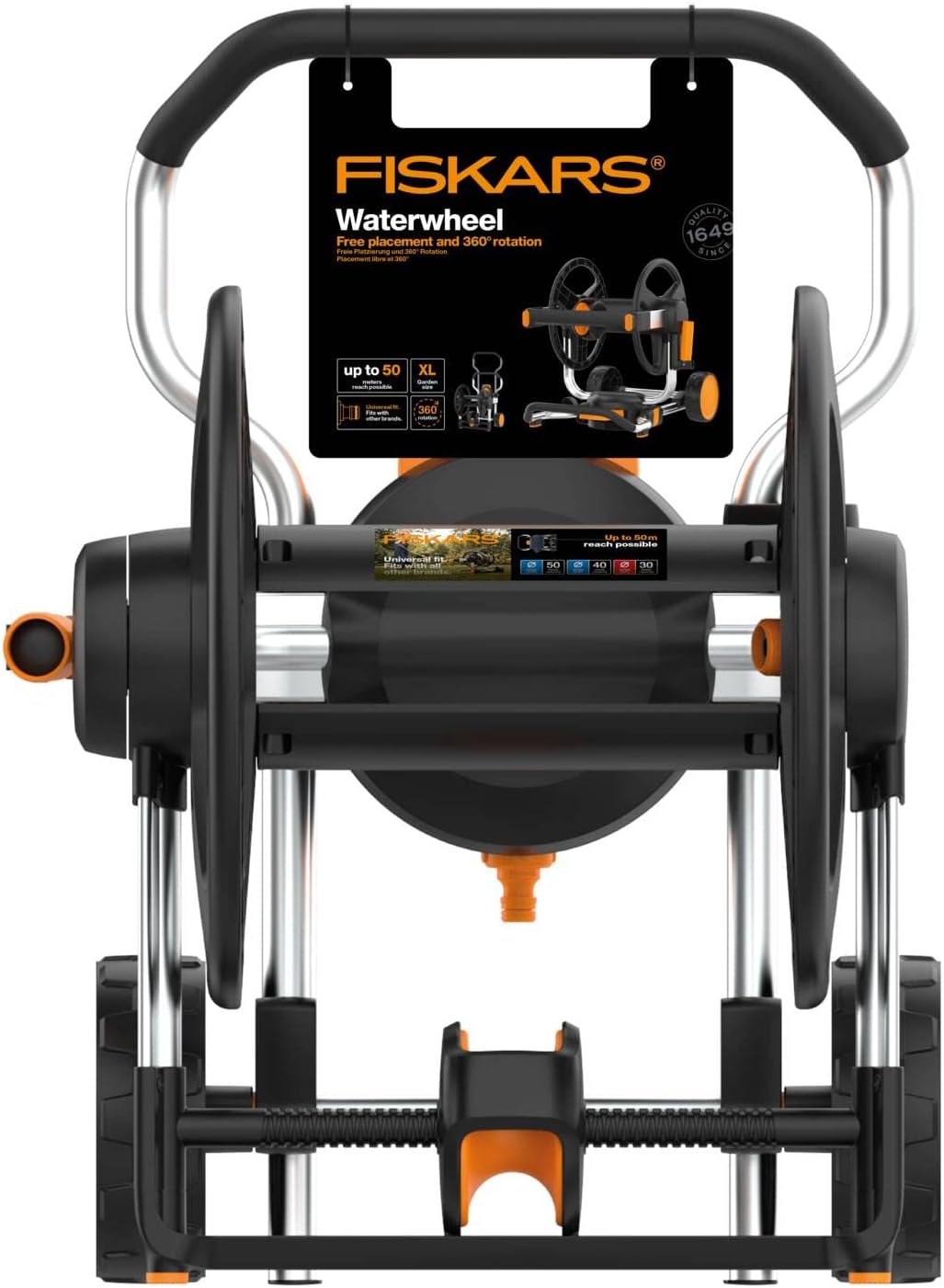 Fiskars Waterwheel XL Manuelle Gartenschlauchtrommel ohne Schlauch – Handbetriebene Trommel mit Rädern, Teleskopgriff, 360° Rotation, Aluminiumgehäuse, leichtes Gartengerät, 4,01 kg, 1062257