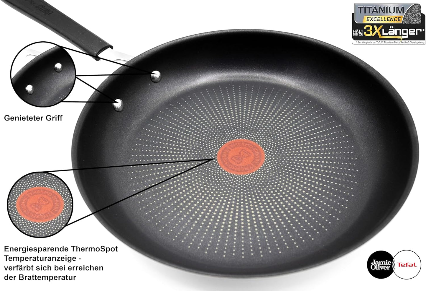 Tefal E30 Jamie Oliver Edelstahl Pfannenset, 20 cm, 24 cm, 28 cm, Wok 28 cm, Schmorpfanne 25 cm mit Deckel, Induktionsgeeignet, Antihaftbeschichtet, Edelstahlpfannen Set mit Thermo-Signal-Technologie