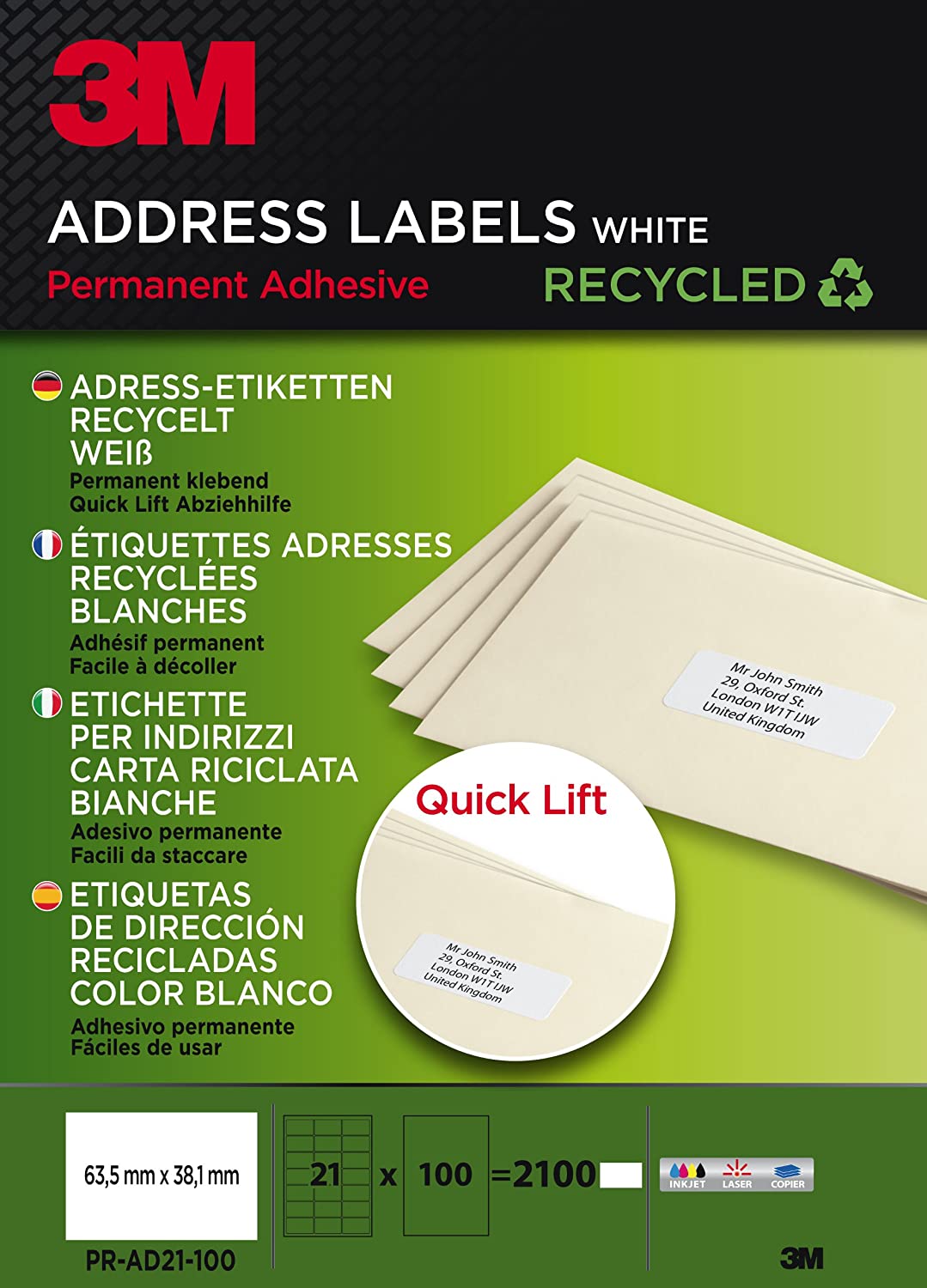 3M PRAD21100 Quick Lift Adressetiketten 63,5 x 38,1 mm – 2100 recycelte, selbstklebende Etiketten für Laser, Inkjet & Kopierer – Umweltfreundliche Adressetiketten für Büro, Versand und Organisation
