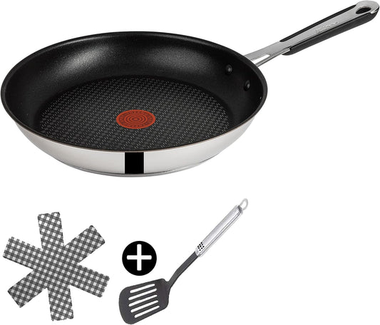 Tefal E30 Jamie Oliver Set 2 Pfanne 24 cm Induktionspfanne, Antihaftbeschichtung Titanium Excellence, ThermoSpot, Edelstahl, spülmaschinenfest, 3-teiliges Set mit Pfannenwender und Pfannenschoner