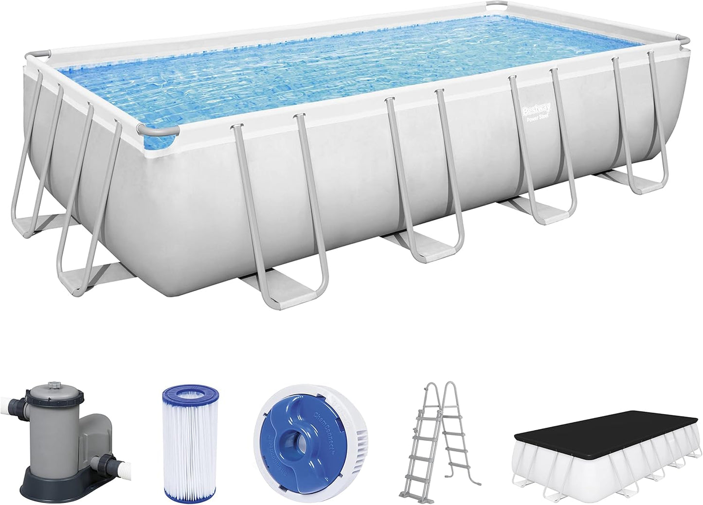 Bestway Power Steel™ Frame Pool Komplettset 732 x 366 x 132 cm – Rechteckiger Aufstellpool mit robuster Stahlrahmenkonstruktion, 30.045 Liter Wasserkapazität, Filterpumpe, Leiter und Abdeckplane