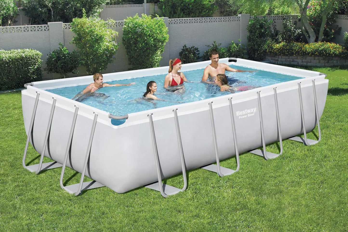 Bestway Power Steel™ Frame Pool Komplettset 732 x 366 x 132 cm – Rechteckiger Aufstellpool mit robuster Stahlrahmenkonstruktion, 30.045 Liter Wasserkapazität, Filterpumpe, Leiter und Abdeckplane