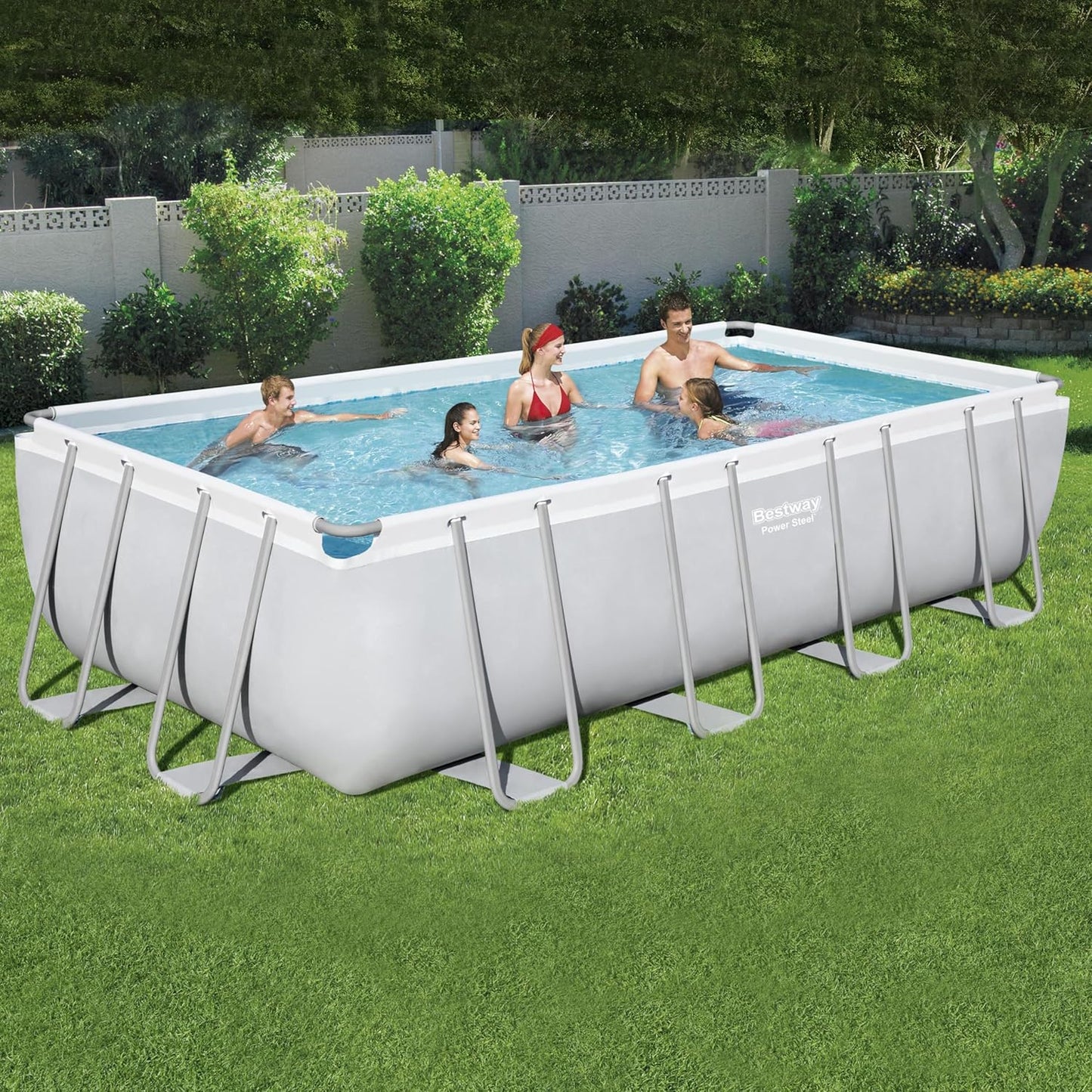 Bestway Power Steel™ Frame Pool Komplettset 732 x 366 x 132 cm – Rechteckiger Aufstellpool mit robuster Stahlrahmenkonstruktion, 30.045 Liter Wasserkapazität, Filterpumpe, Leiter und Abdeckplane