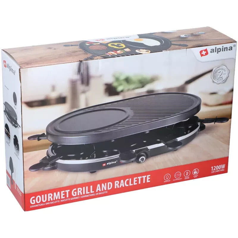ALPINA Raclette-Eisengrill Gourmet Partygrill für 8 Personen mit Antihaftbeschichtung, 1200 Watt Leistung, Abnehmbare Grillplatte, 8 Raclette-Pfännchen, 8 Spatel, Hitzebeständiges Gehäuse, Kompaktes Design