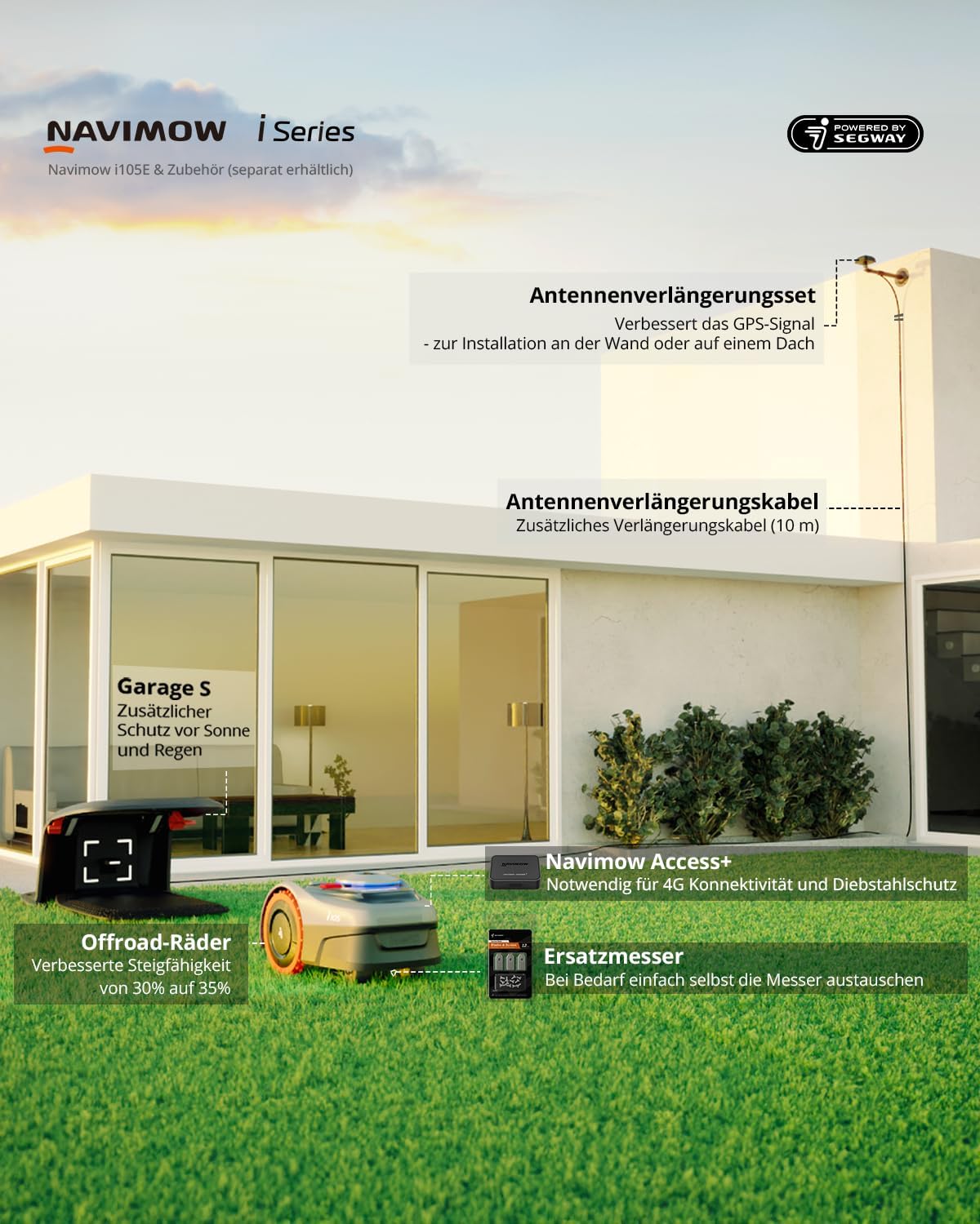 SEGWAY Navimow i105E Mähroboter mit GPS-RTK, KI-Kartierung & App-Steuerung 500m²