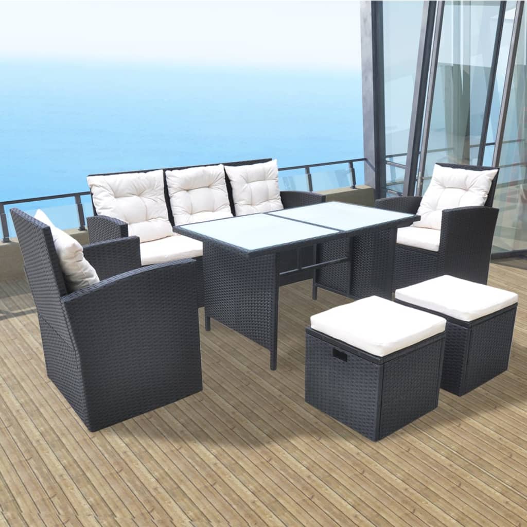 JUNG Vida 6-tlg. Garten-Essgruppe mit Kissen Poly Rattan Schwarz