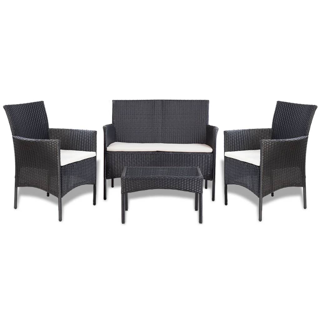JUNG Vida 4-tlg. Garten-Lounge-Set mit Auflagen Poly Rattan Schwarz