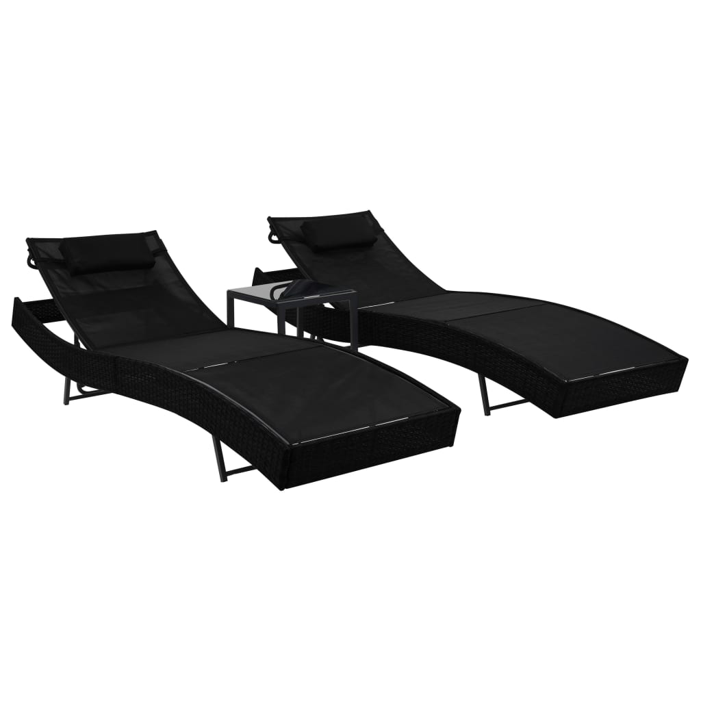 JUNG Vida Sonnenliegen 2 Stk. mit Tisch Poly Rattan und Textilene Schwarz