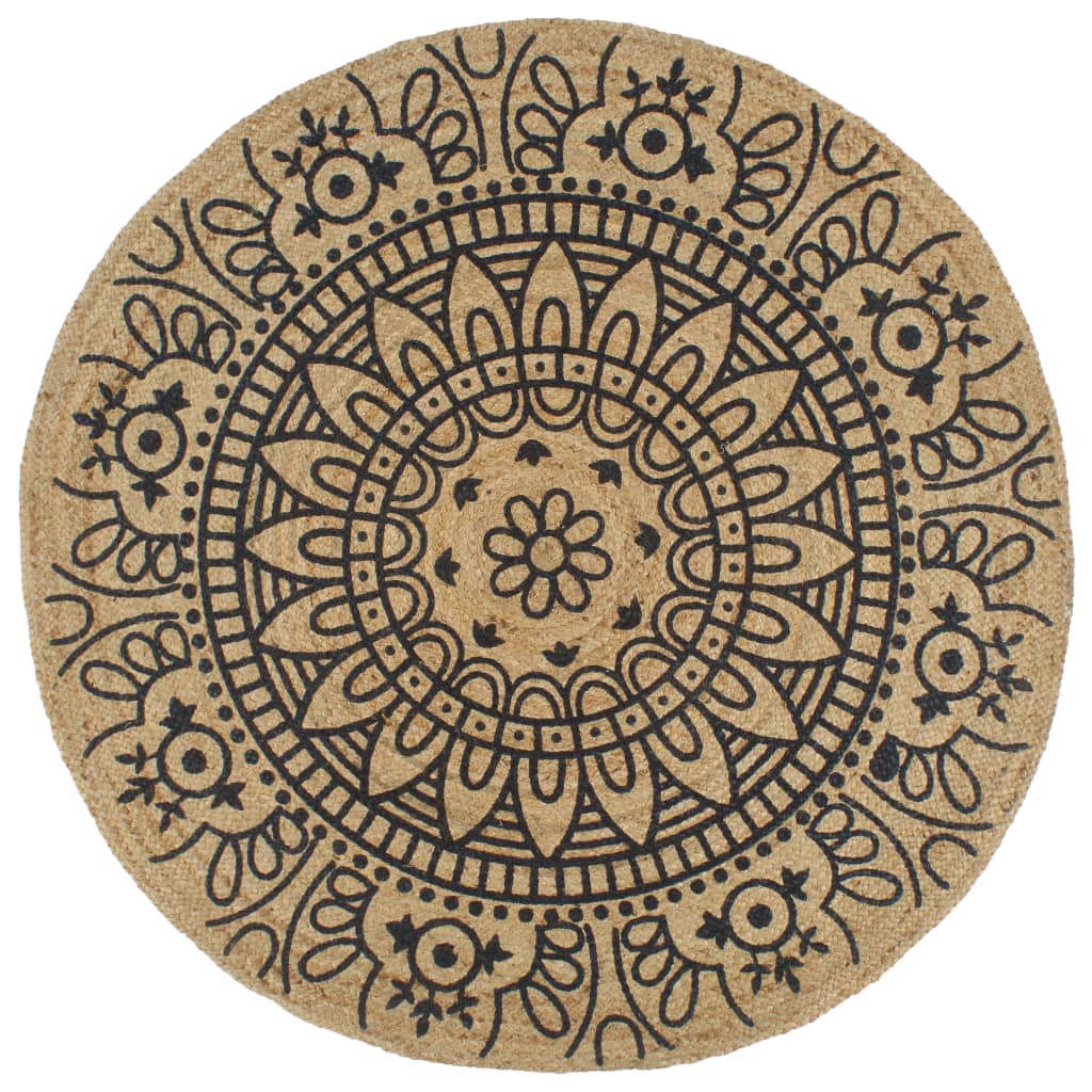 JUNG Vida Teppich Handgefertigt Jute mit Dunkelblauem Aufdruck 90 cm