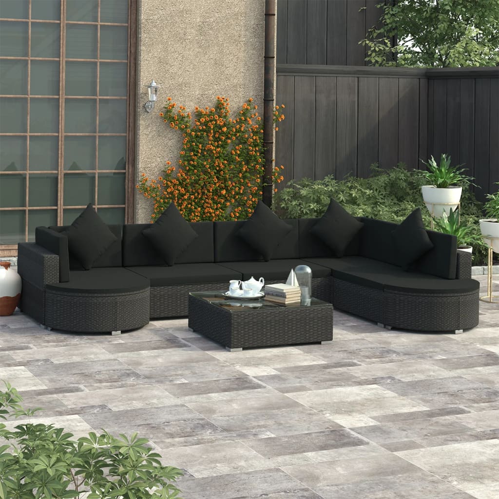JUNG Vida 8-tlg. Garten-Lounge-Set mit Auflagen Poly Rattan Schwarz