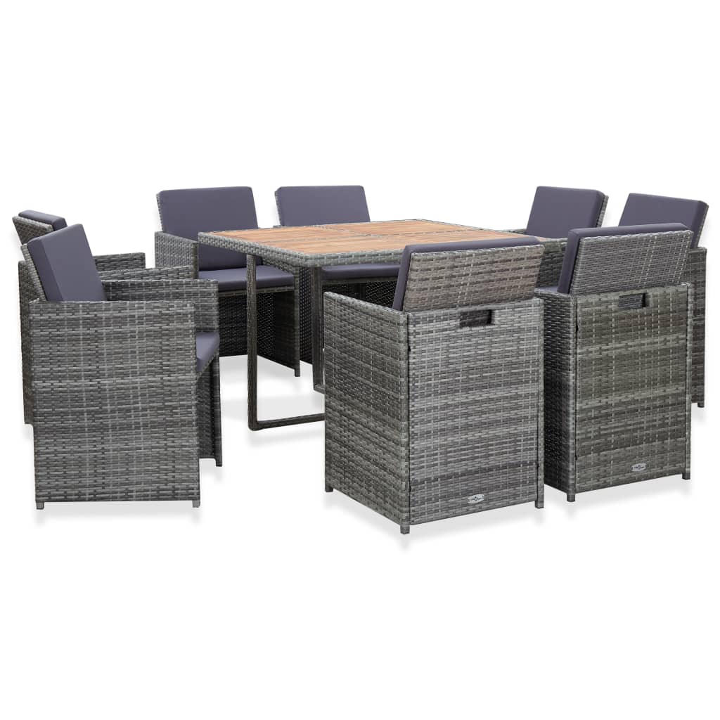 JUNG Vida 9-tlg. Garten-Essgruppe mit Auflagen Poly Rattan Anthrazit