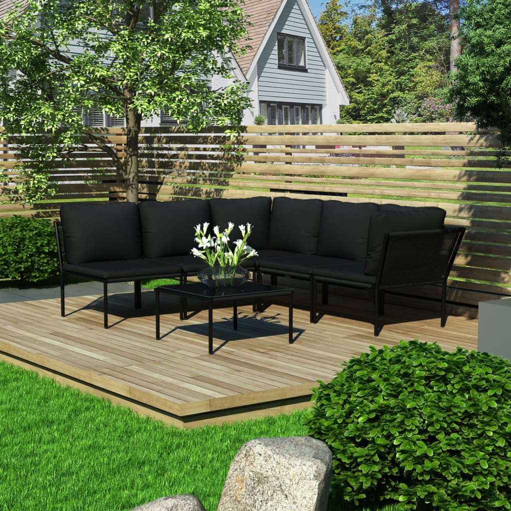JUNG Vida 6-tlg. Garten-Lounge-Set mit Auflagen Schwarz PVC