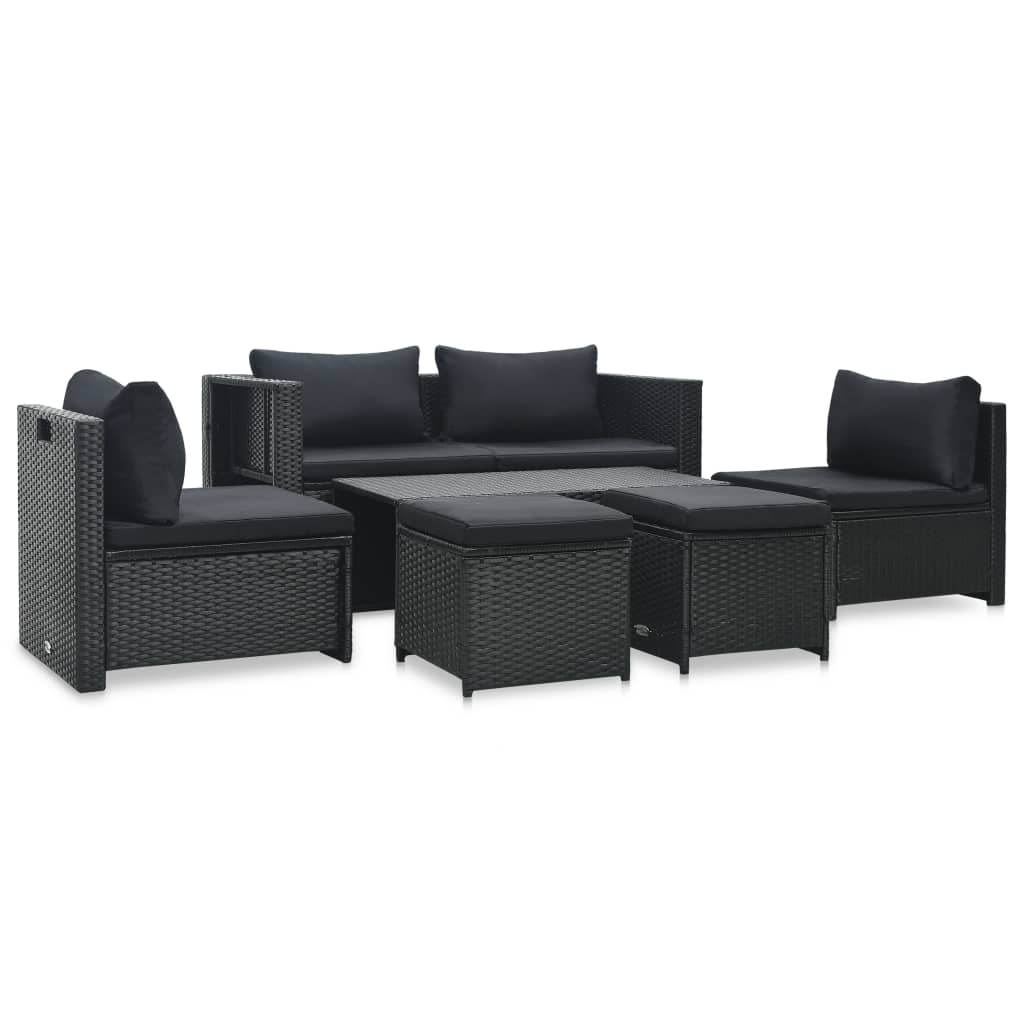 JUNG Vida 6-tlg. Garten-Lounge-Set mit Auflagen Poly Rattan Schwarz