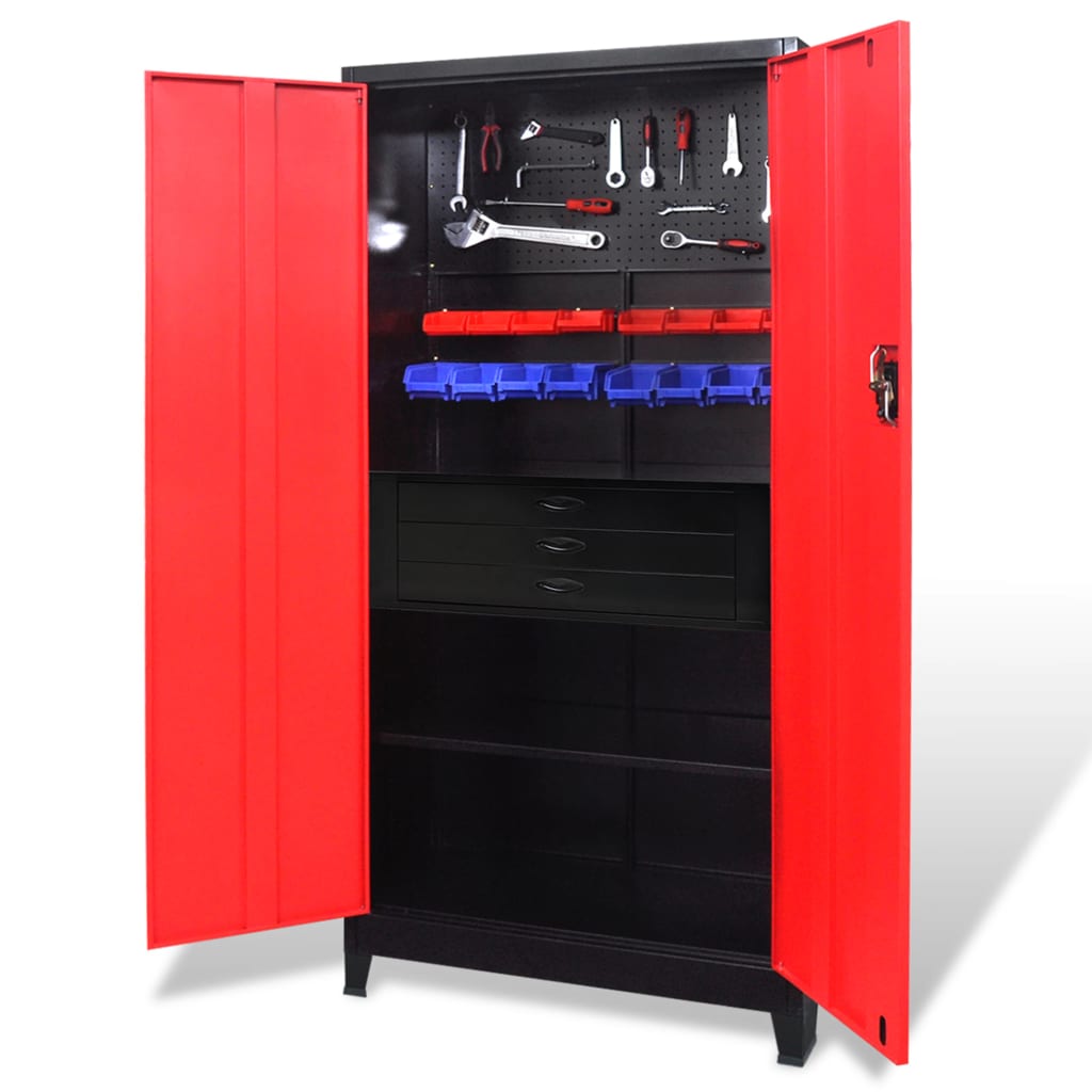 JUNG Vida Werkzeugschrank mit Werkzeugtruhe Stahl 90x40x180cm Rot Schwarz