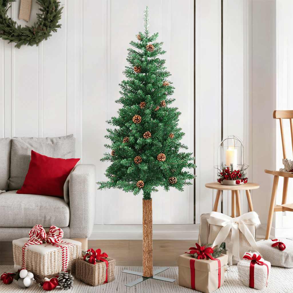 JUNG Vida Weihnachtsbaum Schlank mit Echtholz und Zapfen Grün 150 cm PVC