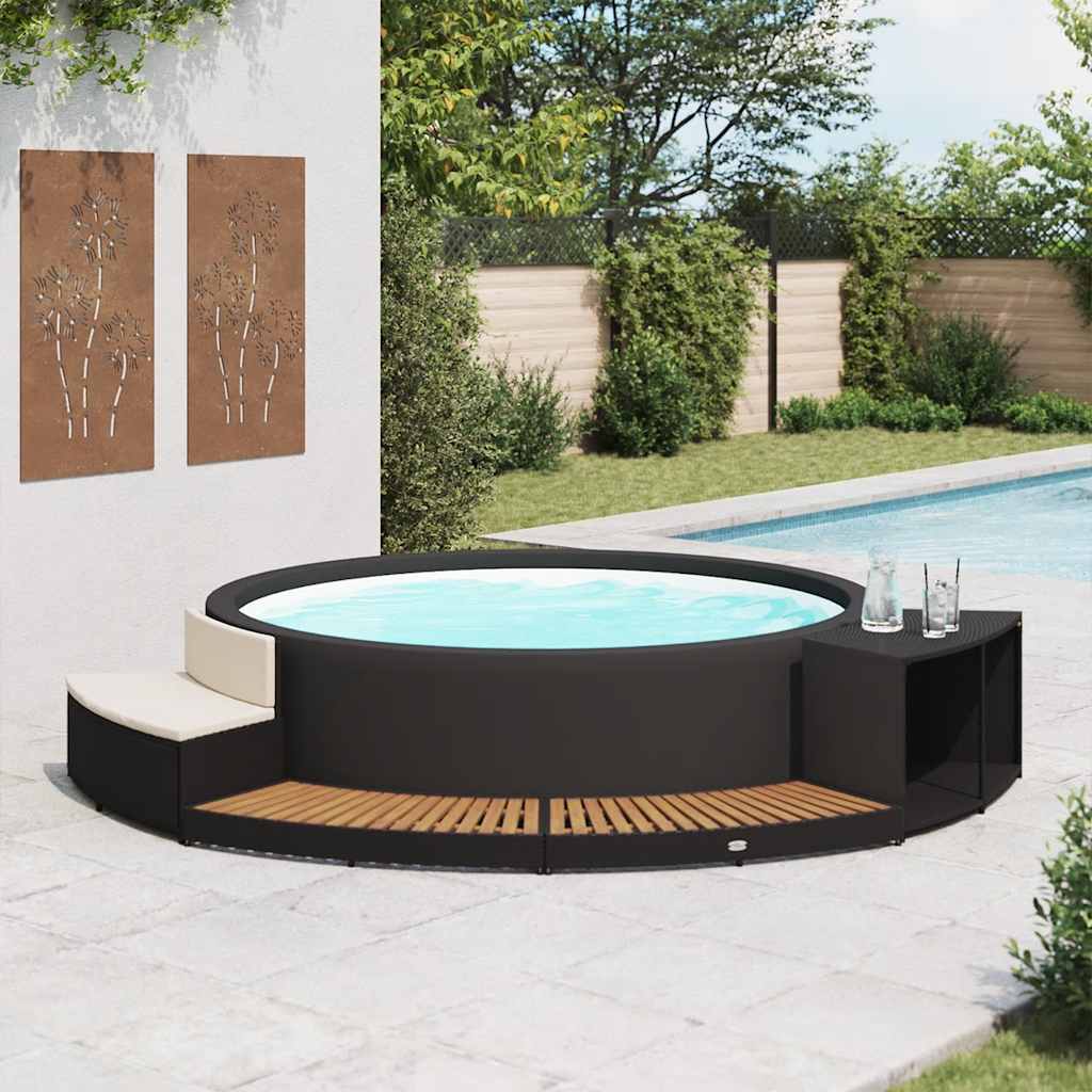 JUNG Vida Whirlpool-Umrandung Schwarz Poly Rattan & Massivholz Akazie