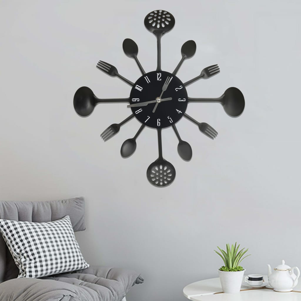 JUNG Vida Wanduhr mit Löffel und Gabel Design Schwarz 40 cm Aluminium