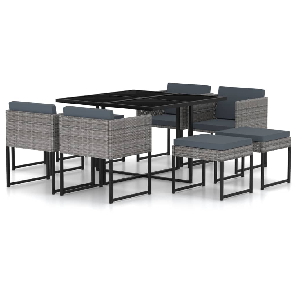 JUNG Vida 9-tlg. Garten-Essgruppe mit Kissen Poly Rattan Grau