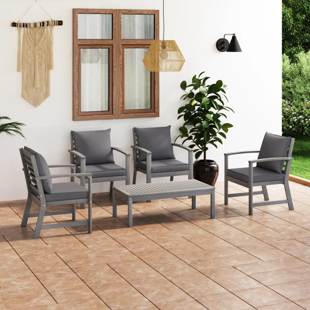 JUNG Vida 5-tlg. Garten-Lounge-Set mit Auflagen Massivholz Akazie Grau