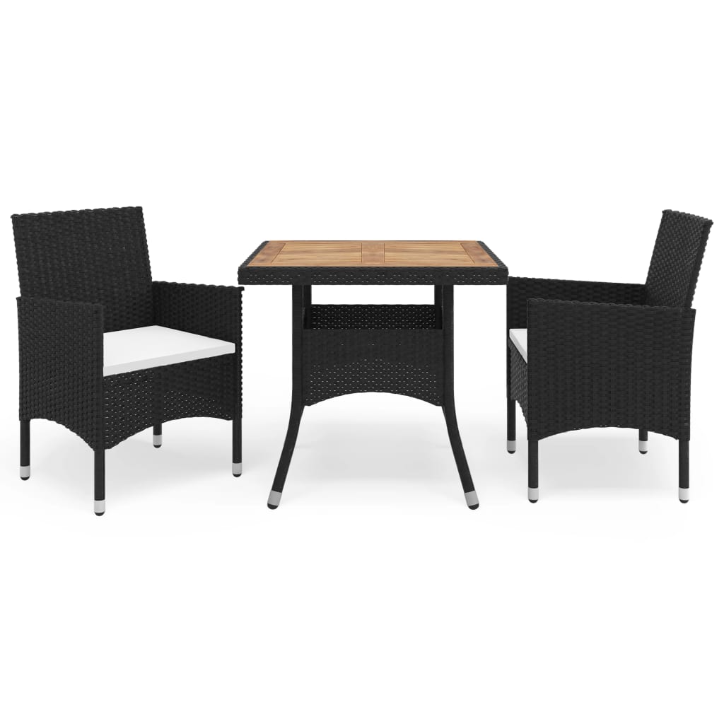 JUNG Vida 3-tlg. Garten-Essgruppe Schwarz Poly Rattan und Akazienholz