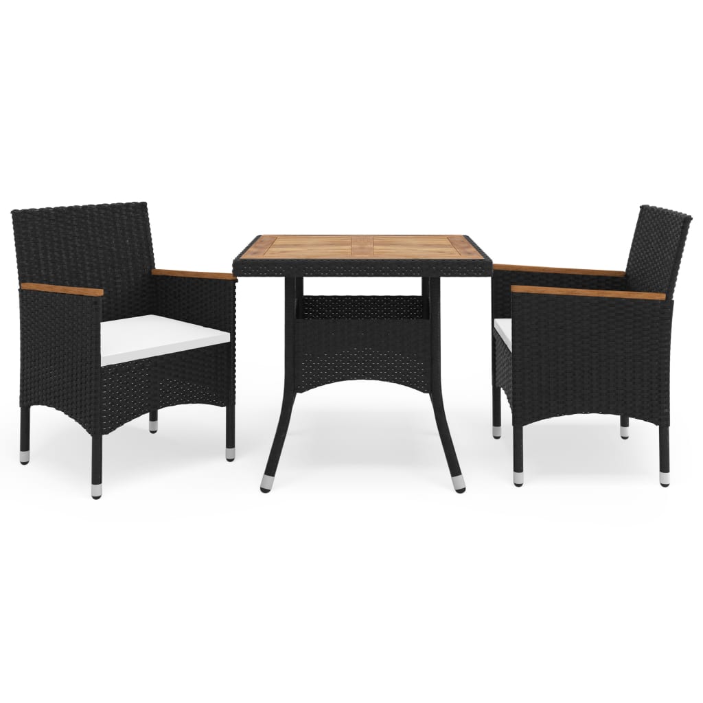 JUNG Vida 3-tlg. Garten-Essgruppe Schwarz Poly Rattan und Akazienholz