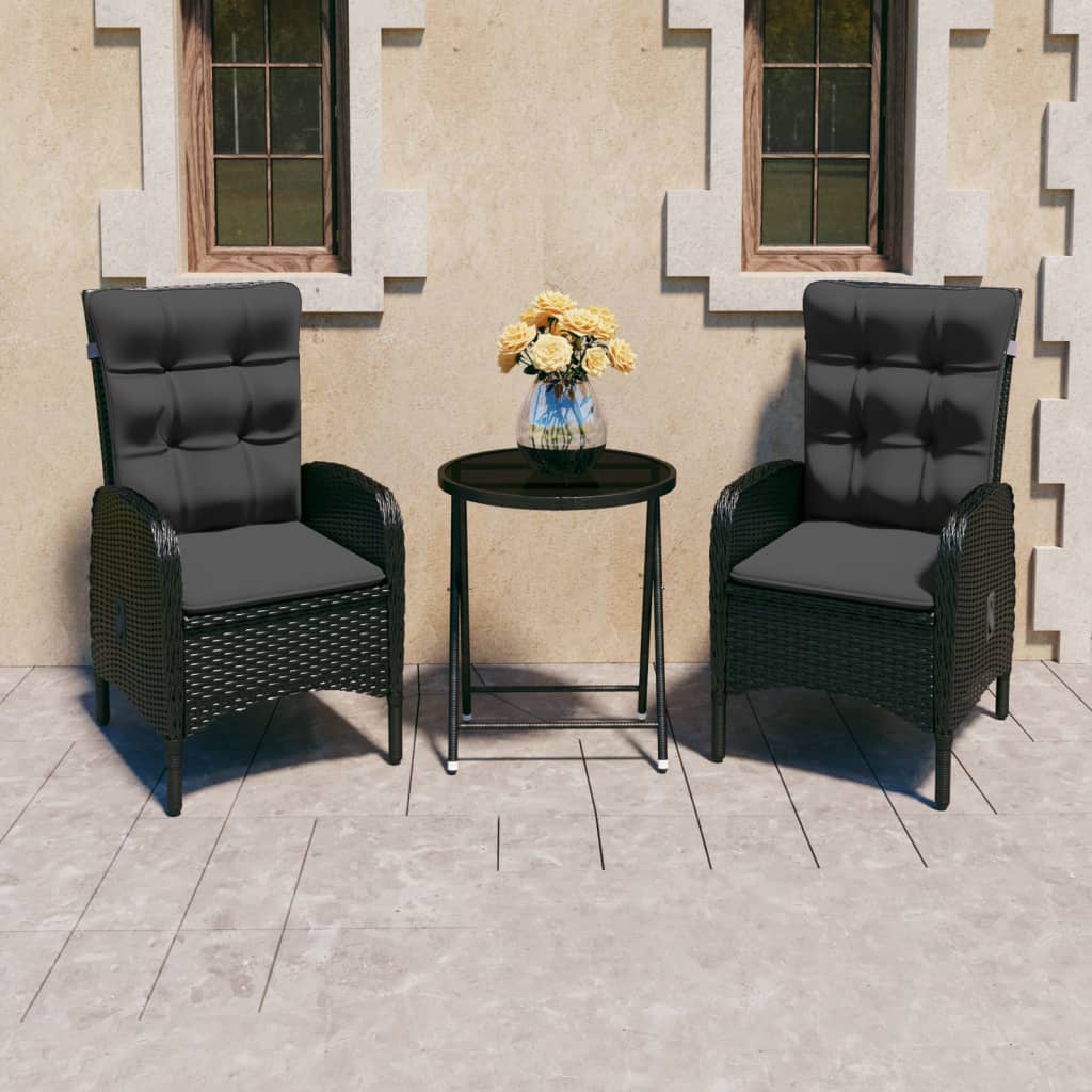 JUNG Vida 3-tlg. Bistro-Set Poly Rattan und Glas Schwarz