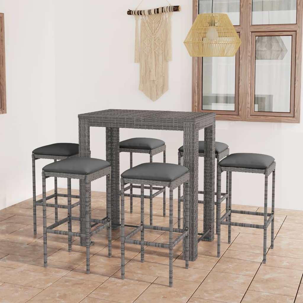 JUNG Vida 7-tlg. Gartenbar-Set mit Kissen Poly Rattan Grau