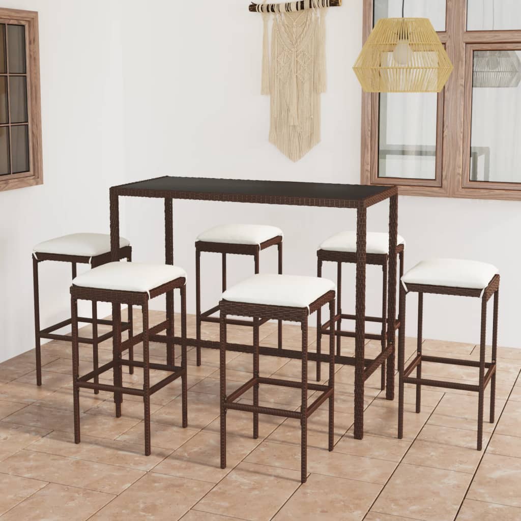 JUNG Vida 7-tlg. Gartenbar-Set mit Kissen Poly Rattan Braun