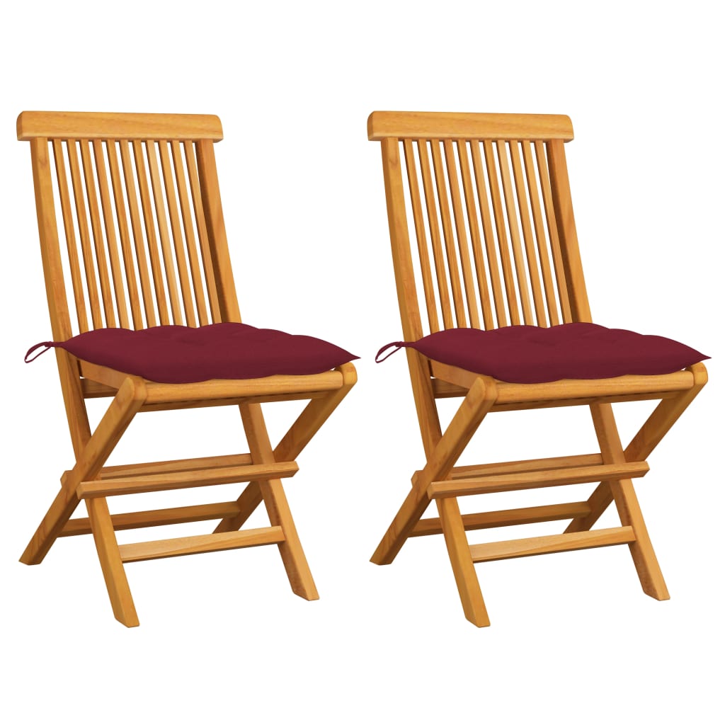 JUNG Vida Gartenstühle mit Weinroten Kissen 2 Stk. Massivholz Teak