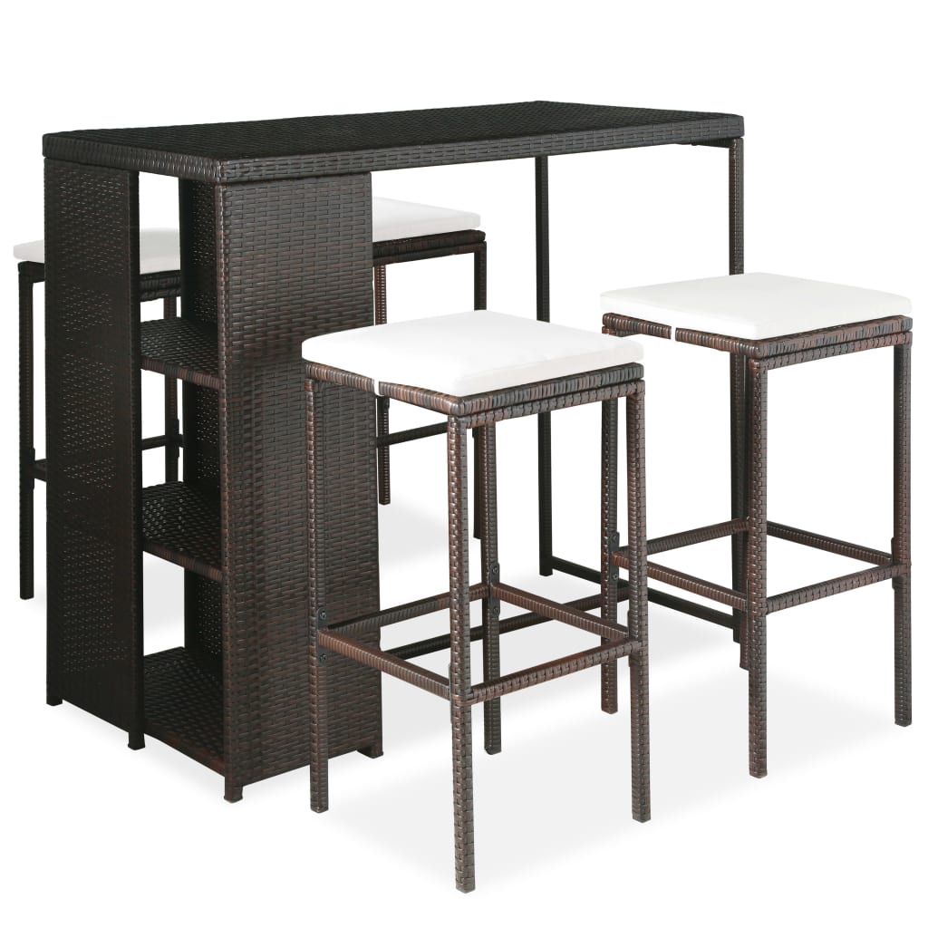 JUNG Vida 5-tlg. Gartenbar-Set mit Kissen Poly Rattan Braun