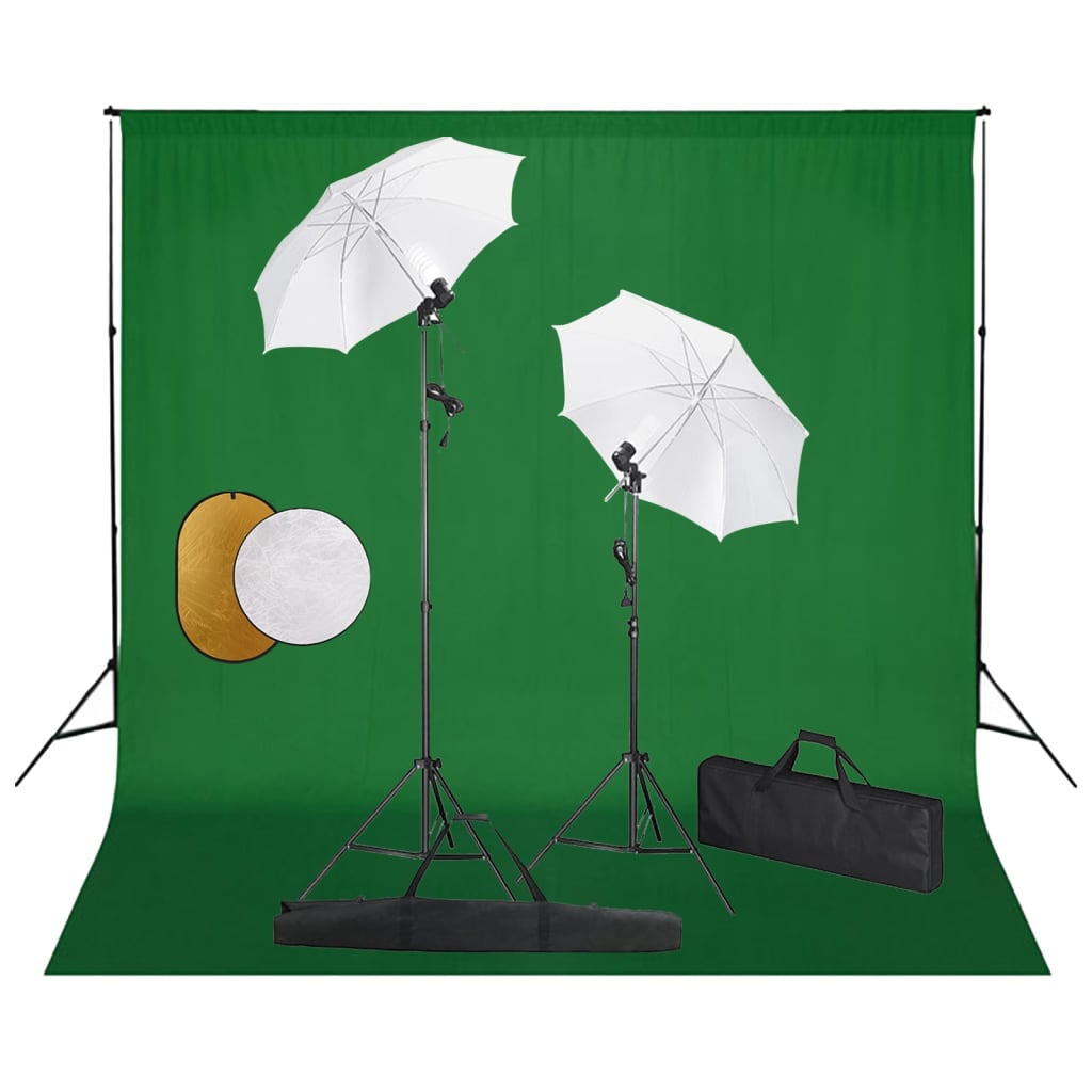 JUNG Vida Fotostudio-Set mit Leuchten, Schirmen, Hintergrund, Reflektor