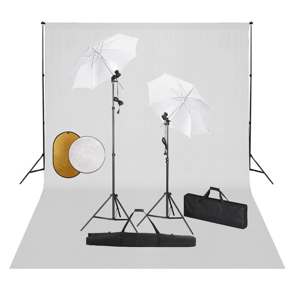 JUNG Vida Fotostudio-Set mit Leuchten, Schirmen, Hintergrund, Reflektor