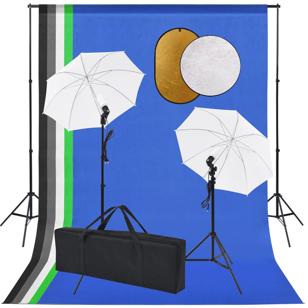 JUNG Vida Fotostudio-Set mit Lampen, Schirmen, Hintergrund, Reflektor