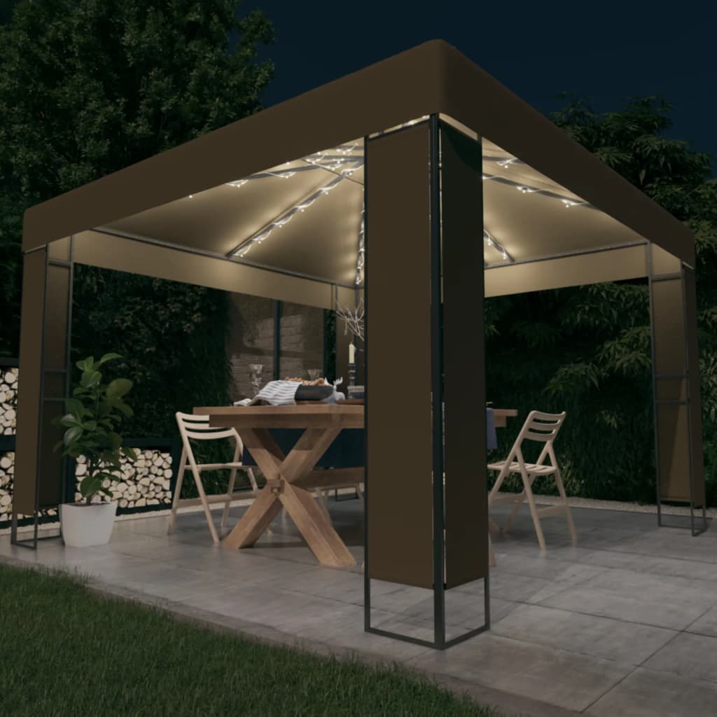 JUNG Vida Pavillon mit Doppeldach & LED-Lichterkette 3x3x2,7 m Taupe