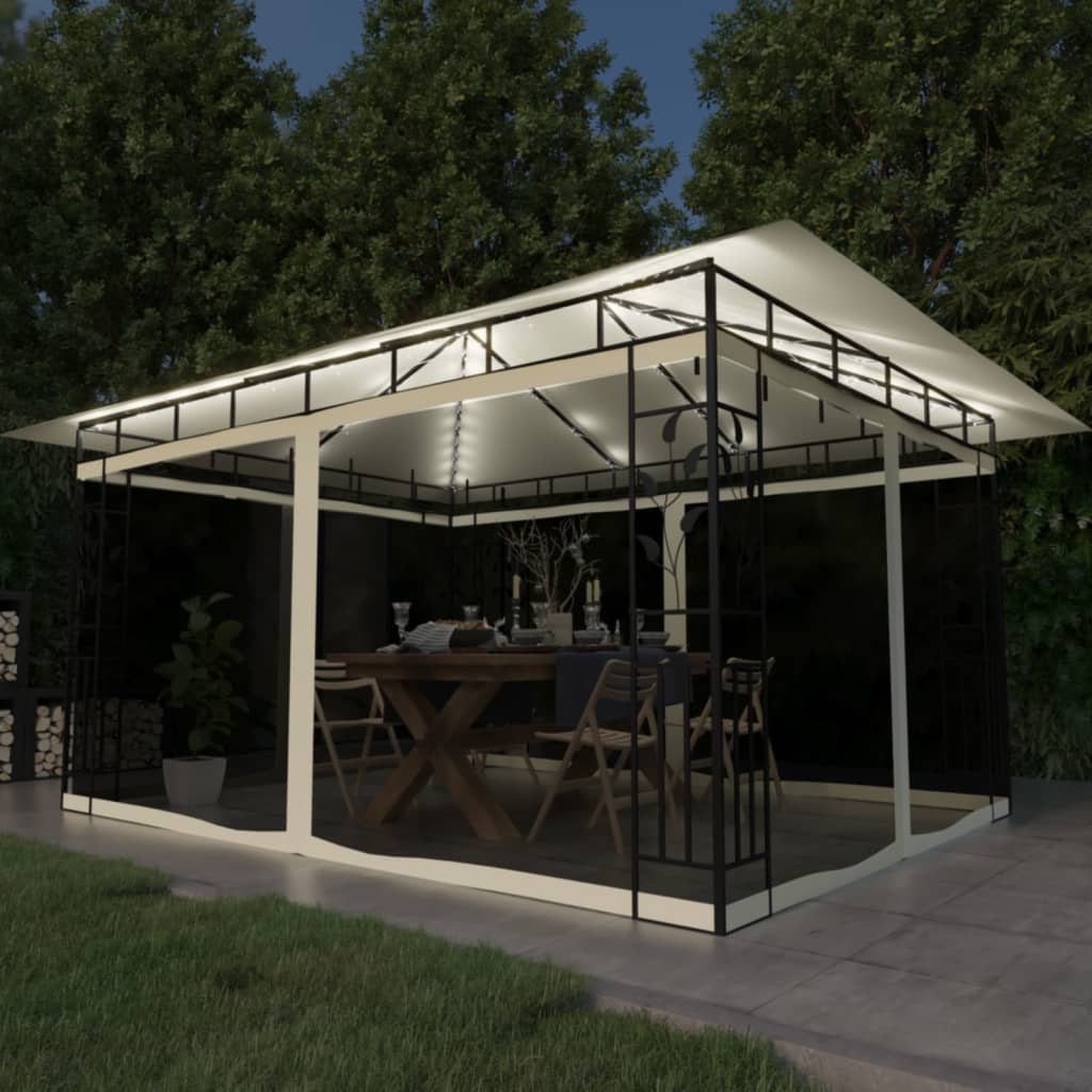 JUNG Vida Pavillon mit Moskitonetz & LED-Lichterkette 4x3x2,73m Cremeweiß