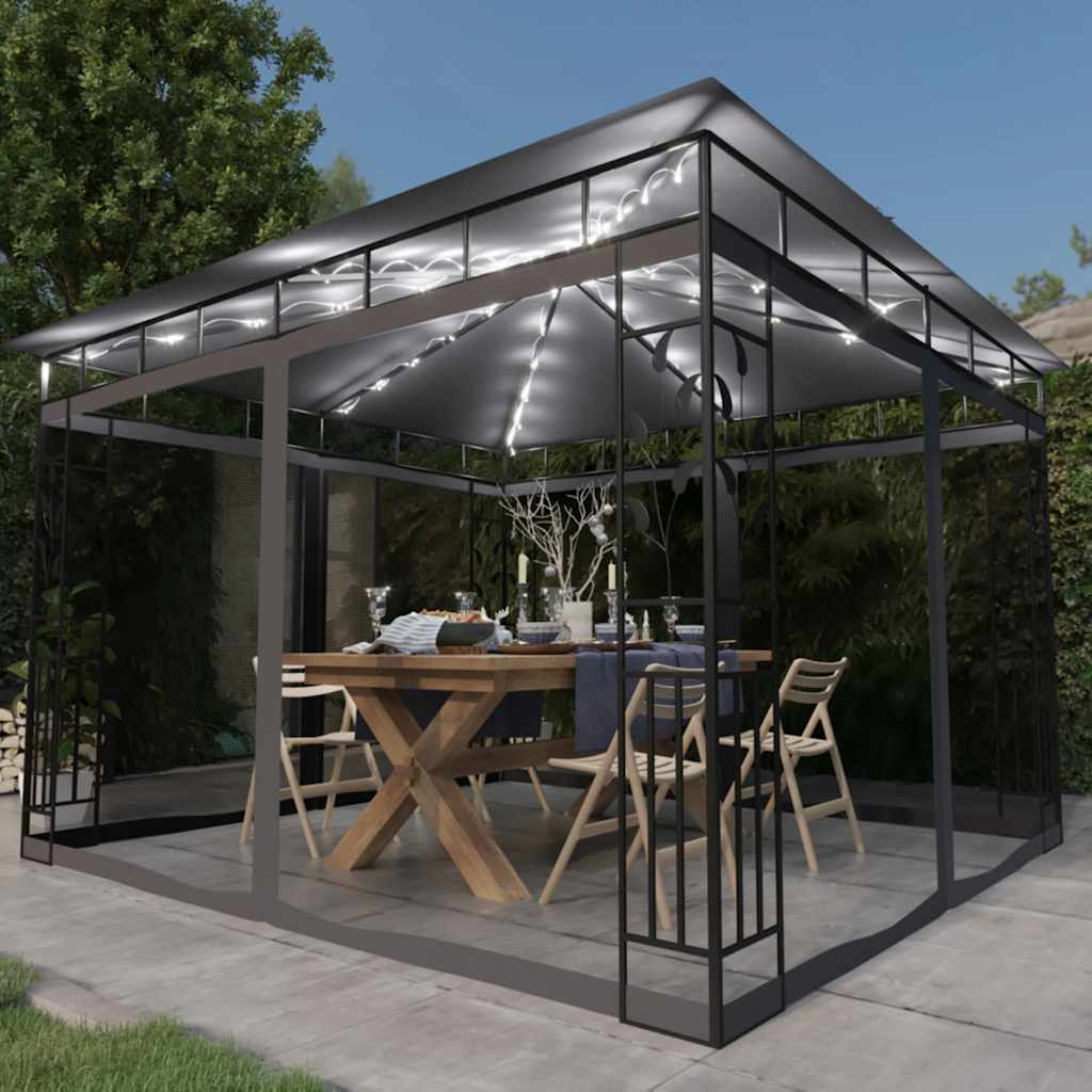 JUNG Vida Pavillon mit Moskitonetz & LED-Lichterkette 3x3x2,73m Anthrazit