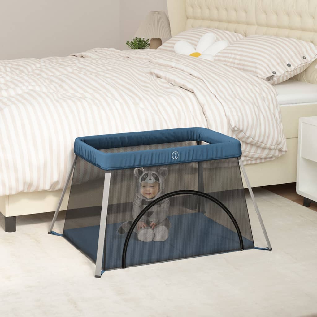 JUNG Vida Baby-Laufstall mit Matratze Marineblau Leinenstoff