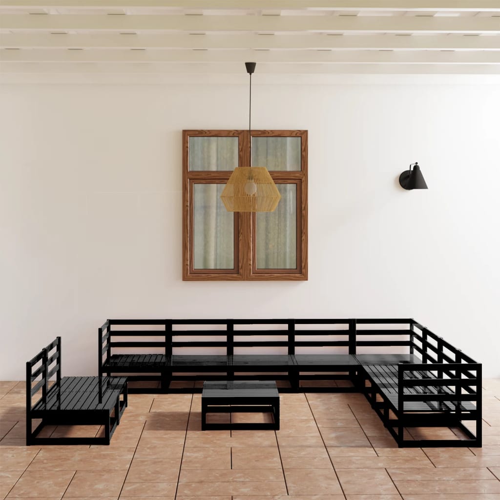 JUNG Vida 11-tlg. Garten-Lounge-Set Schwarz Massivholz Kiefer