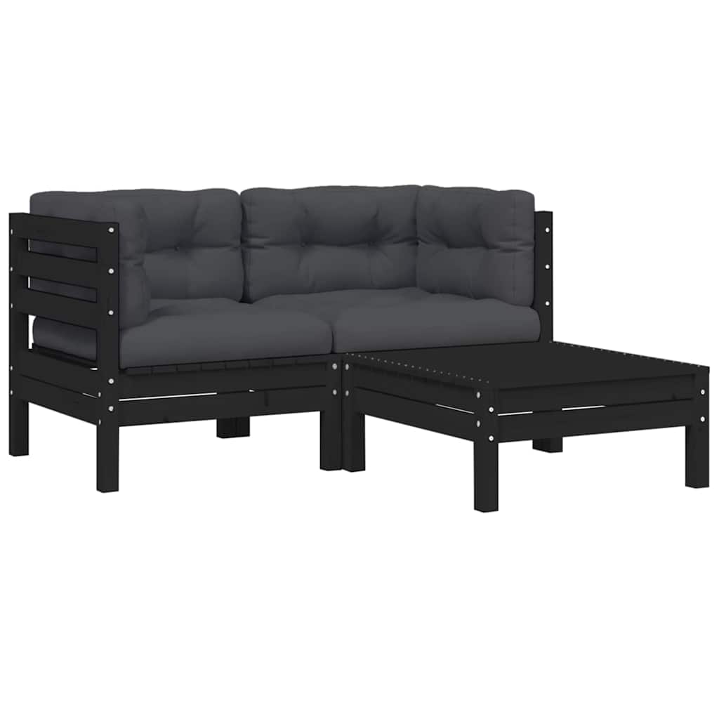 JUNG Vida 3-tlg. Garten-Lounge-Set mit Kissen Schwarz Massivholz Kiefer