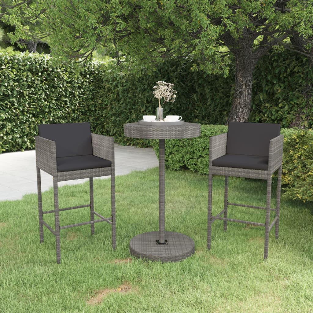 JUNG Vida 3-tlg. Gartenbar-Set mit Kissen Poly Rattan Grau