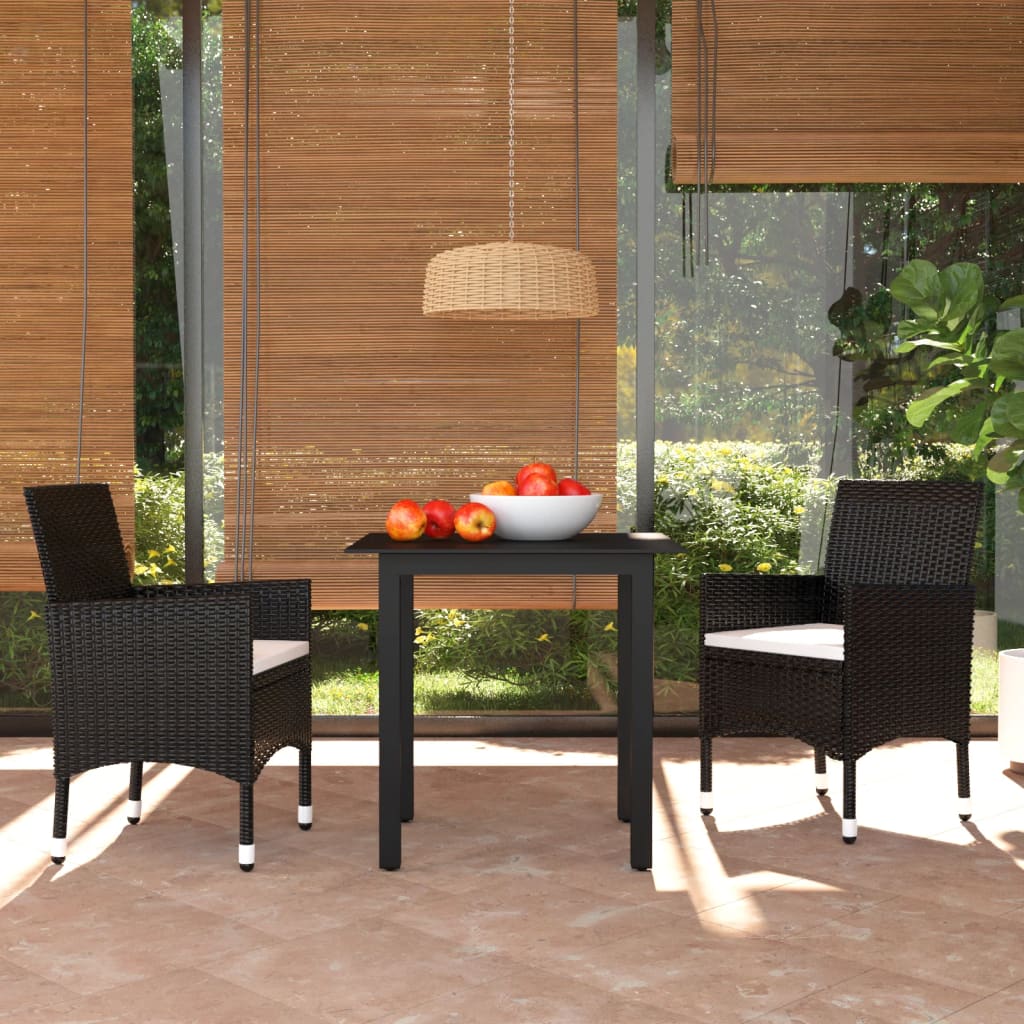 JUNG Vida 3-tlg. Garten-Essgruppe mit Kissen Poly Rattan Schwarz