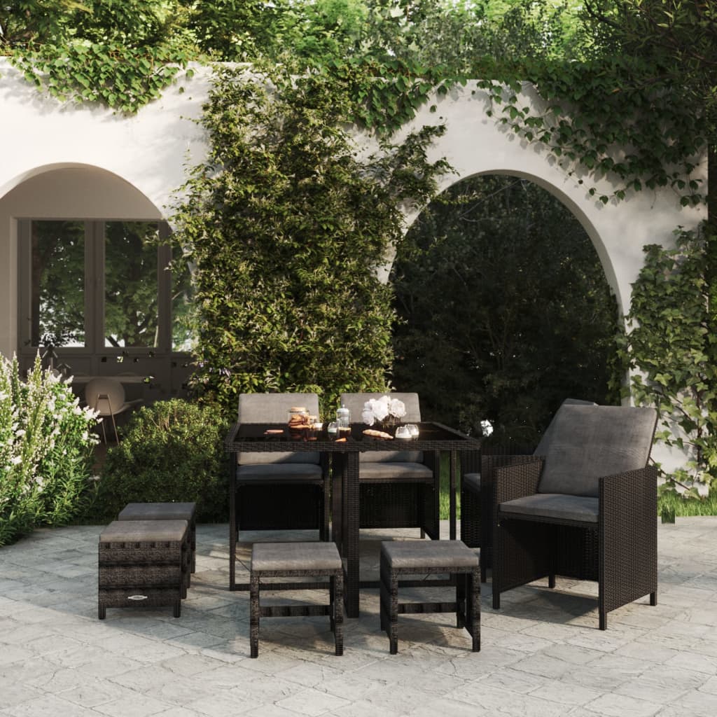 JUNG Vida 9-tlg. Garten-Essgruppe mit Auflagen Poly Rattan Schwarz