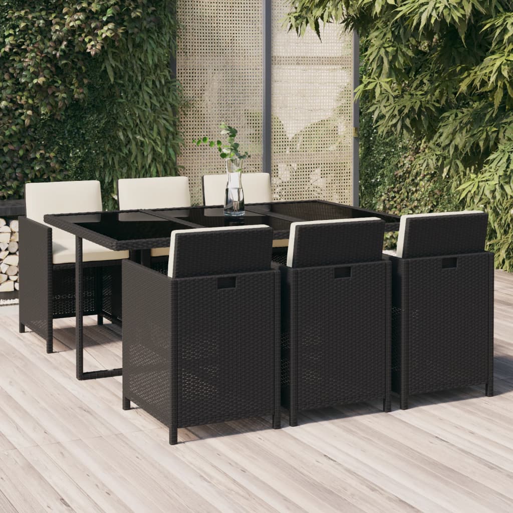 JUNG Vida 7-tlg. Garten-Essgruppe mit Kissen Poly Rattan Schwarz