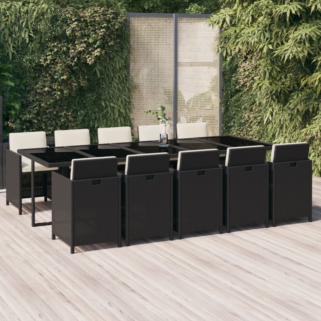 JUNG Vida 11-tlg. Garten-Essgruppe mit Kissen Poly Rattan Schwarz
