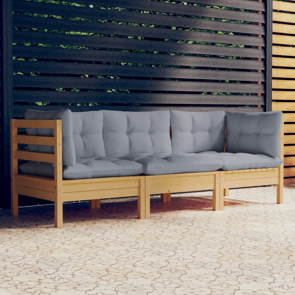 JUNG Vida 3-Sitzer-Gartensofa mit Grauen Kissen Massivholz Kiefer