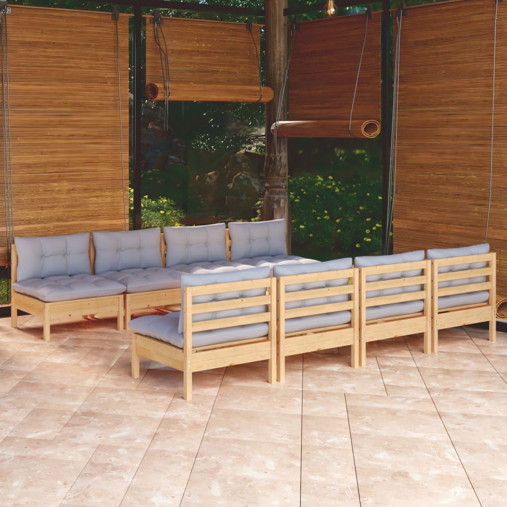 JUNG Vida 9-tlg. Garten-Lounge-Set mit Grauen Kissen Kiefer Massivholz