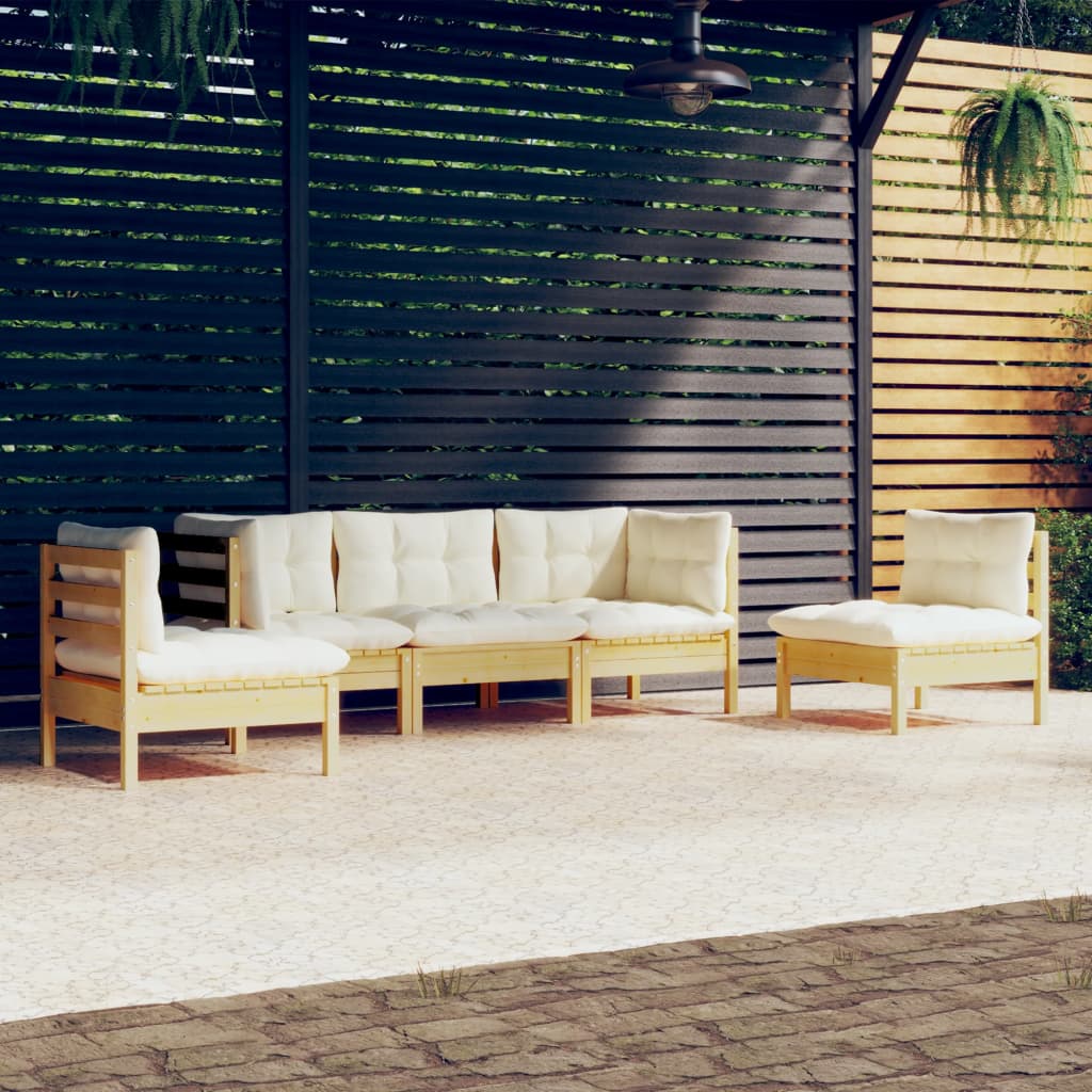 JUNG Vida 5-tlg. Garten-Lounge-Set mit Creme Kissen Massivholz Kiefer