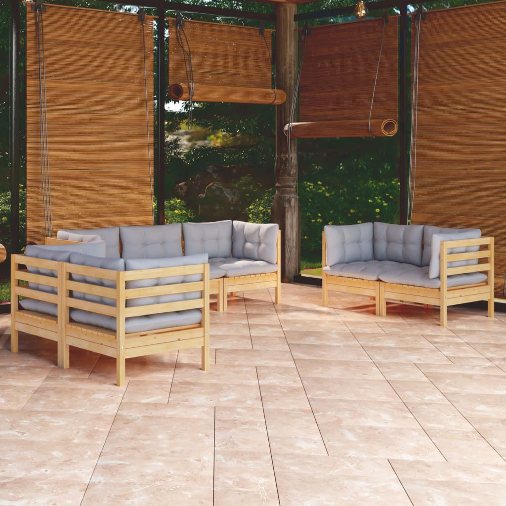 JUNG Vida 7-tlg. Garten-Lounge-Set mit Grauen Kissen Kiefer Massivholz