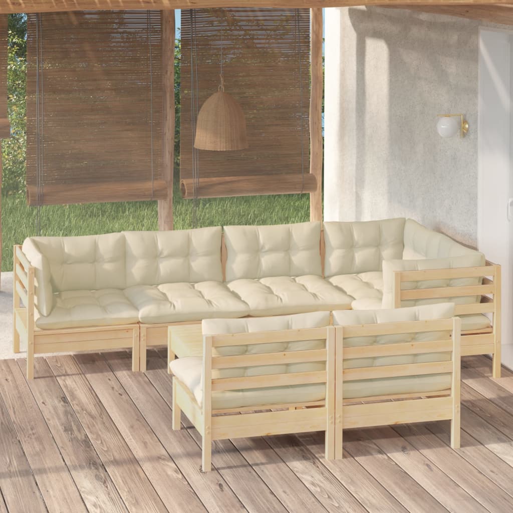 JUNG Vida 8-tlg. Garten-Lounge-Set mit Creme Kissen Massivholz Kiefer