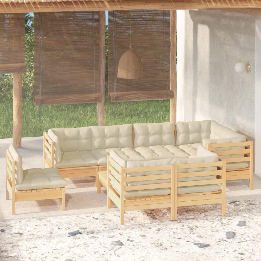 JUNG Vida 9-tlg. Garten-Lounge-Set mit Creme Kissen Massivholz Kiefer